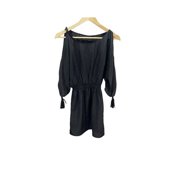 Guess Womens Black Long Sleeved Fringe Mini Dress Sz XS Cut Out Sleeved A-line - Picture 1 of 6